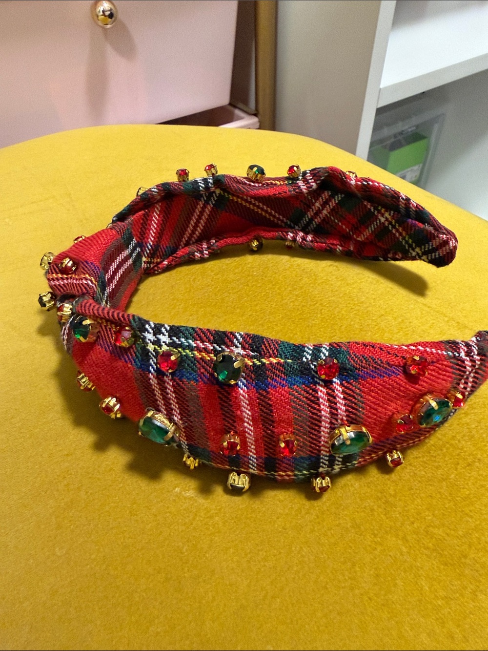 Red Tartan Plaid Knotted Headband with Rhinestones